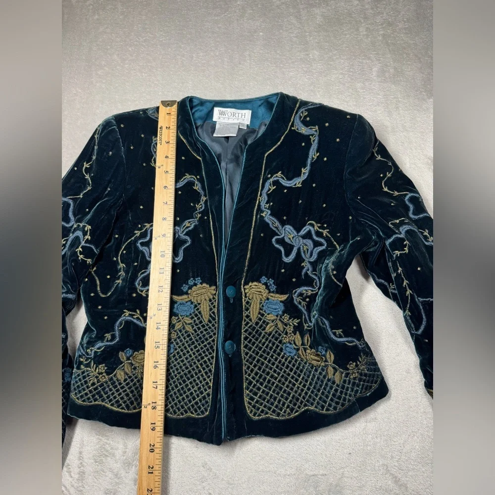 Vintage Worth Silk Blend Dark Teal Velvet Embroidered Celestial Blazer Size 4P - Picture 9 of 17